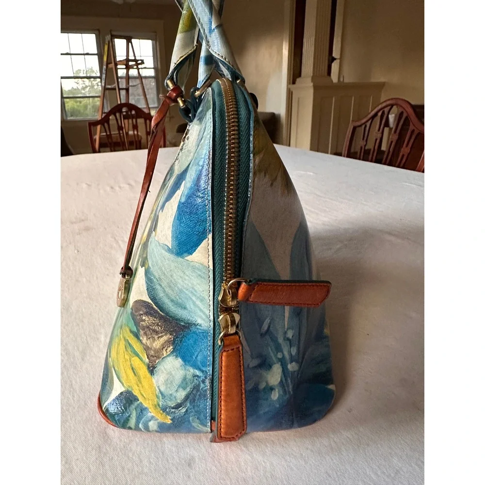 Brahmin Duxbury Satchel Floral Blue Yellow Leather Dome Bag Gold Hardware